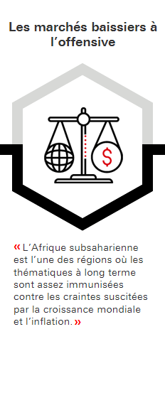 Les marchés baissiers à l’offensive: L’Afrique subsaharienne est l’une des régions où les thématiques à long terme sont assez immunisées contre les craintes suscitées par la croissance mondiale et l’inflation.